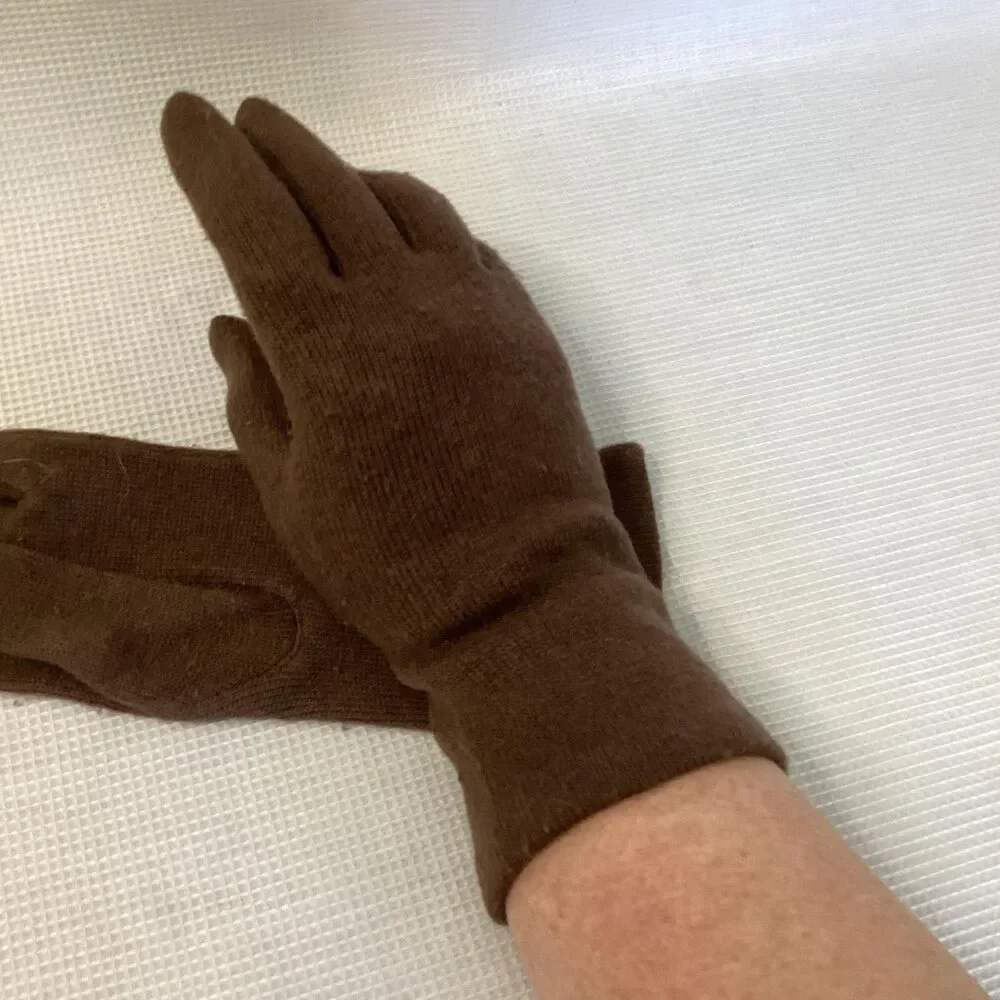 Vintage Ladies Brown Soft Knit Long Gloves MEDIUM